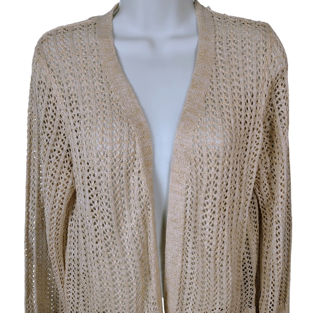 80 Park Gold Metallic Pointelle Open Front Crochet‎ Knit Cardigan Sweater twee